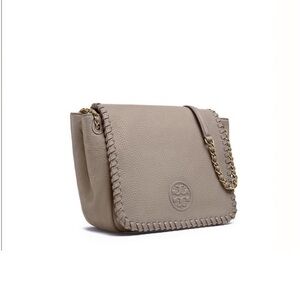 Tory Burch Taupe Beige Marion Leather Flap Shoulder Bag